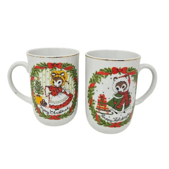 Vintage Pair Two George Good Merry Christmas Mouse Tea Cups Holiday Japan Mugs - Picture 1 of 7